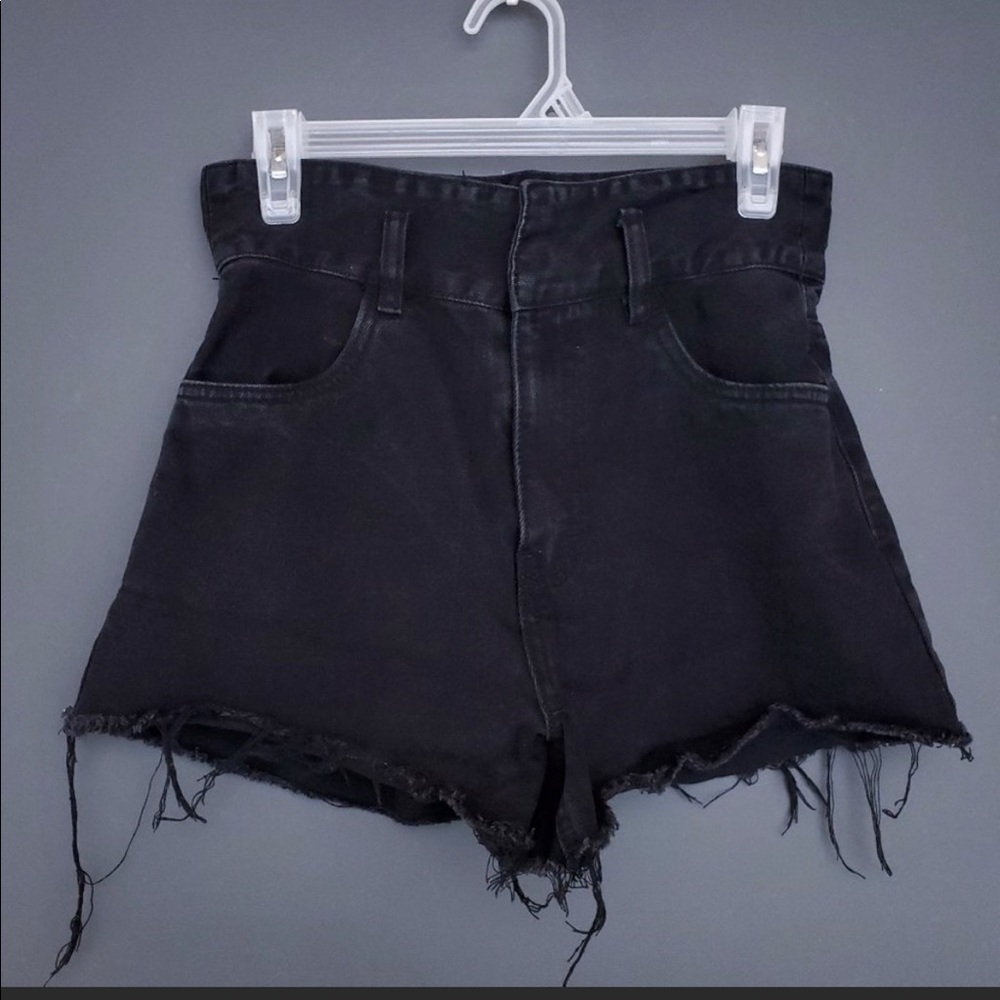 SWS Paper Bag Waist Shorts High Waist Black Raw Frayed Hem Cotton Denim Small